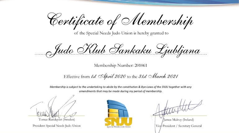 Certifikat Specila Needs Judo Union